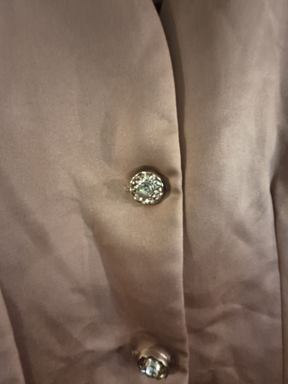 pink satin puff-sleeve peplum blouse adorned with decorative crystal button Down - Picture 3 of 6